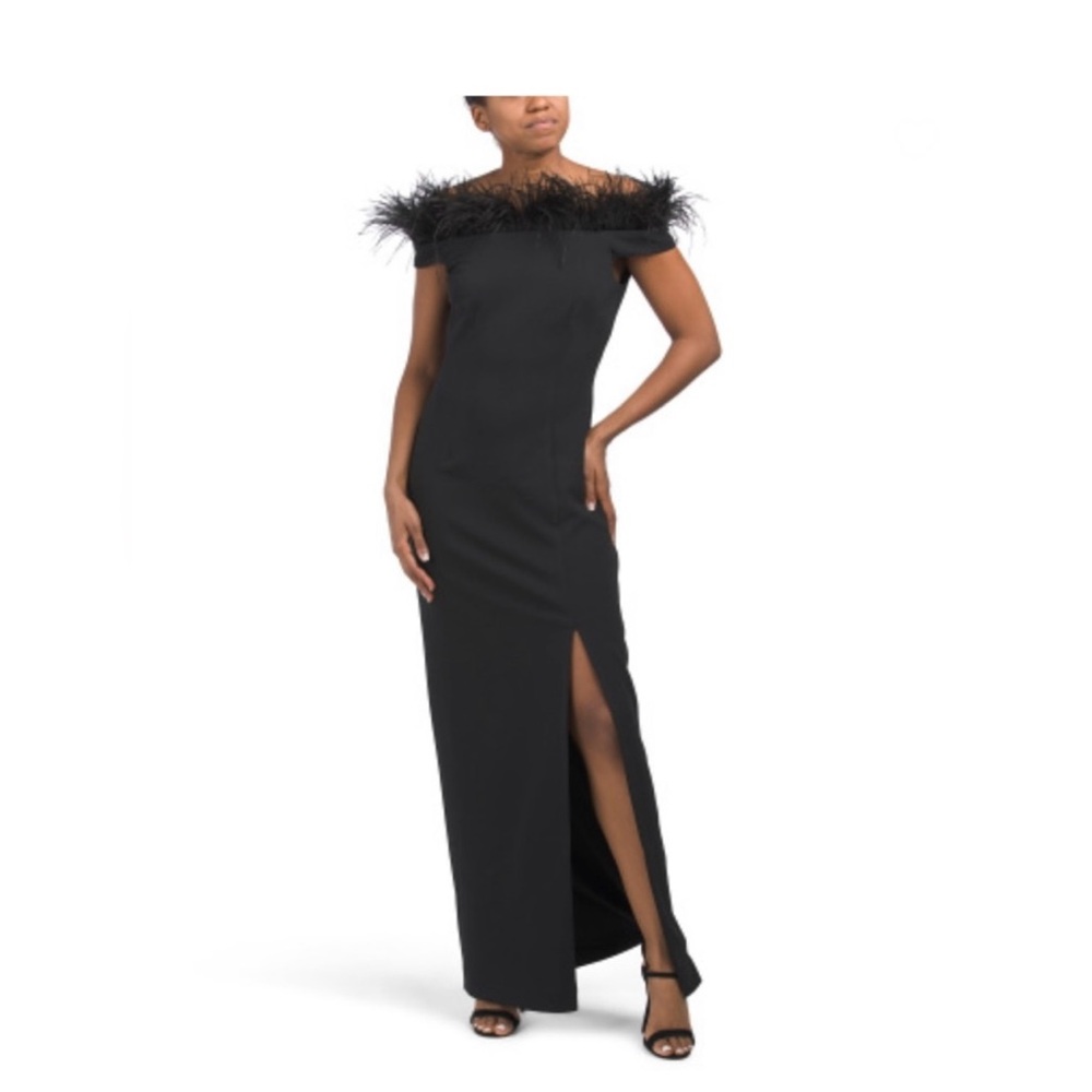 Adrianna Papell Black Off-Shoulder Feather-Trim Maxi Gown with Thigh Slit